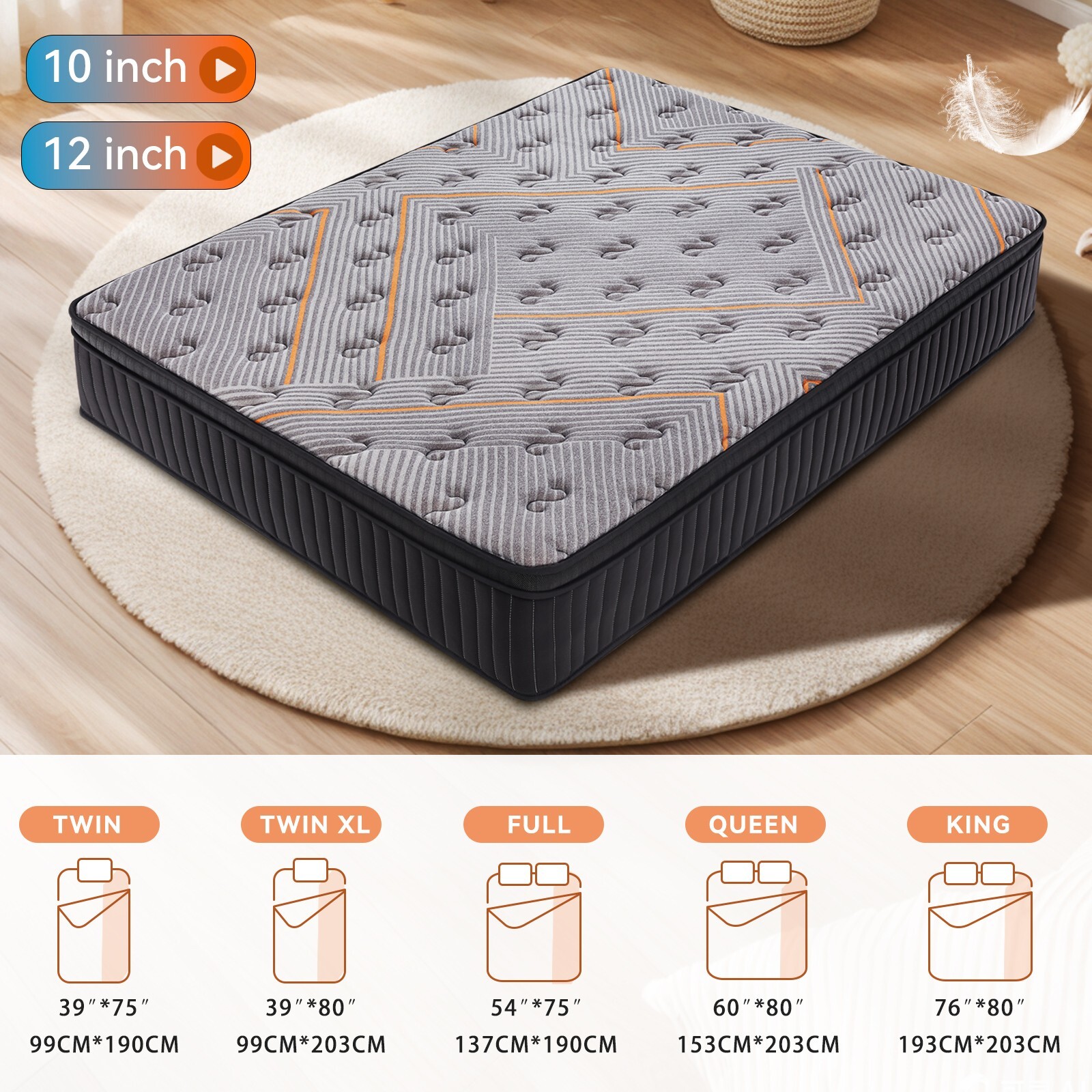 Hbaid 10″ 12″ Pocket Spring Hybrid Mattress, Twin Txl Full Queen King Size