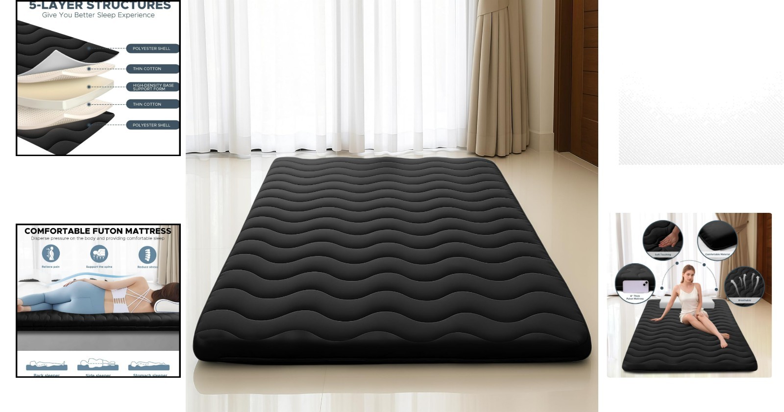 Lightweight Japanese Floor Mattress | Foldable 4″ Foam Sleeping Pad, Black, Twin