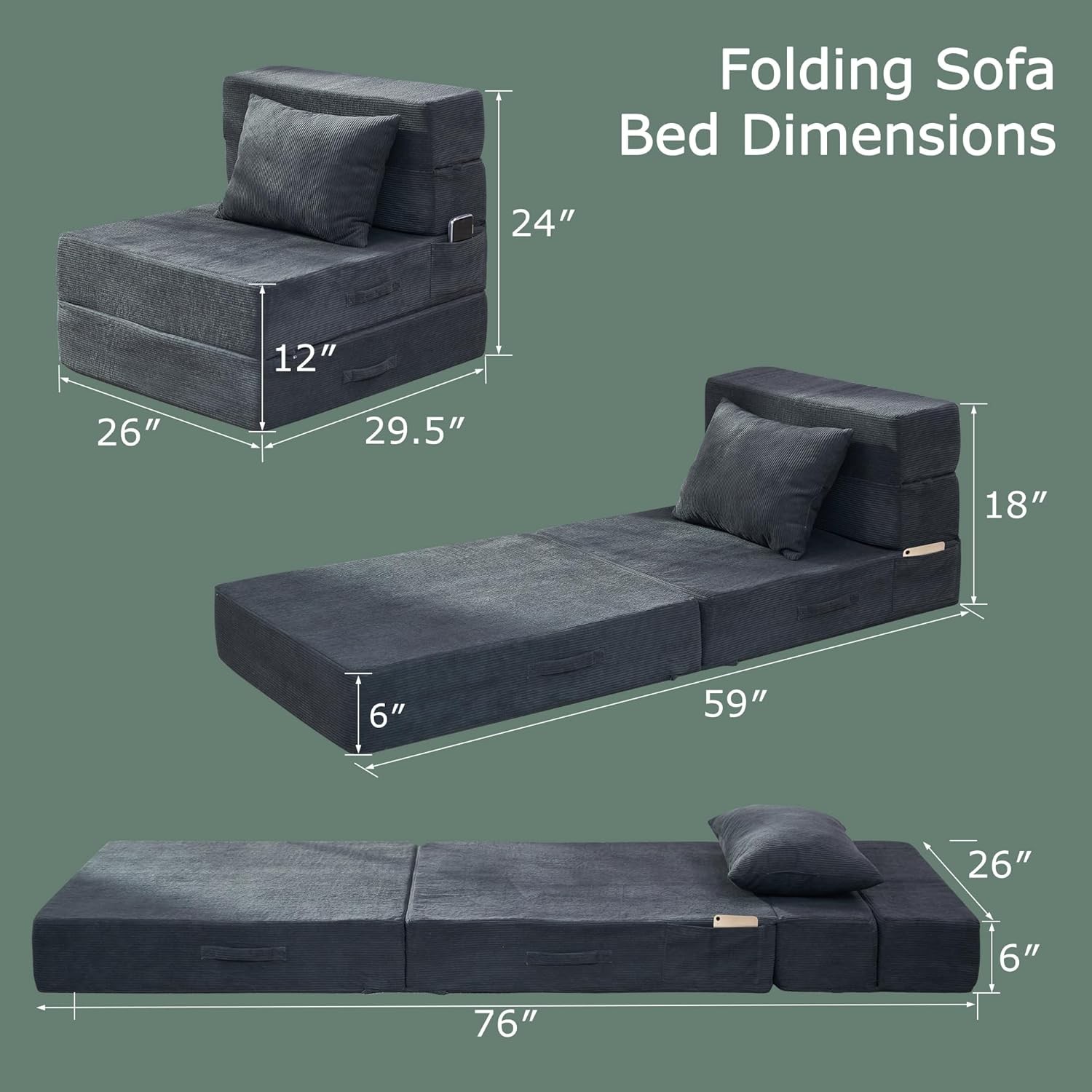 Folding Sofa Bed, 4 in 1 Convertible Sleeper Chair with Pillow, Single