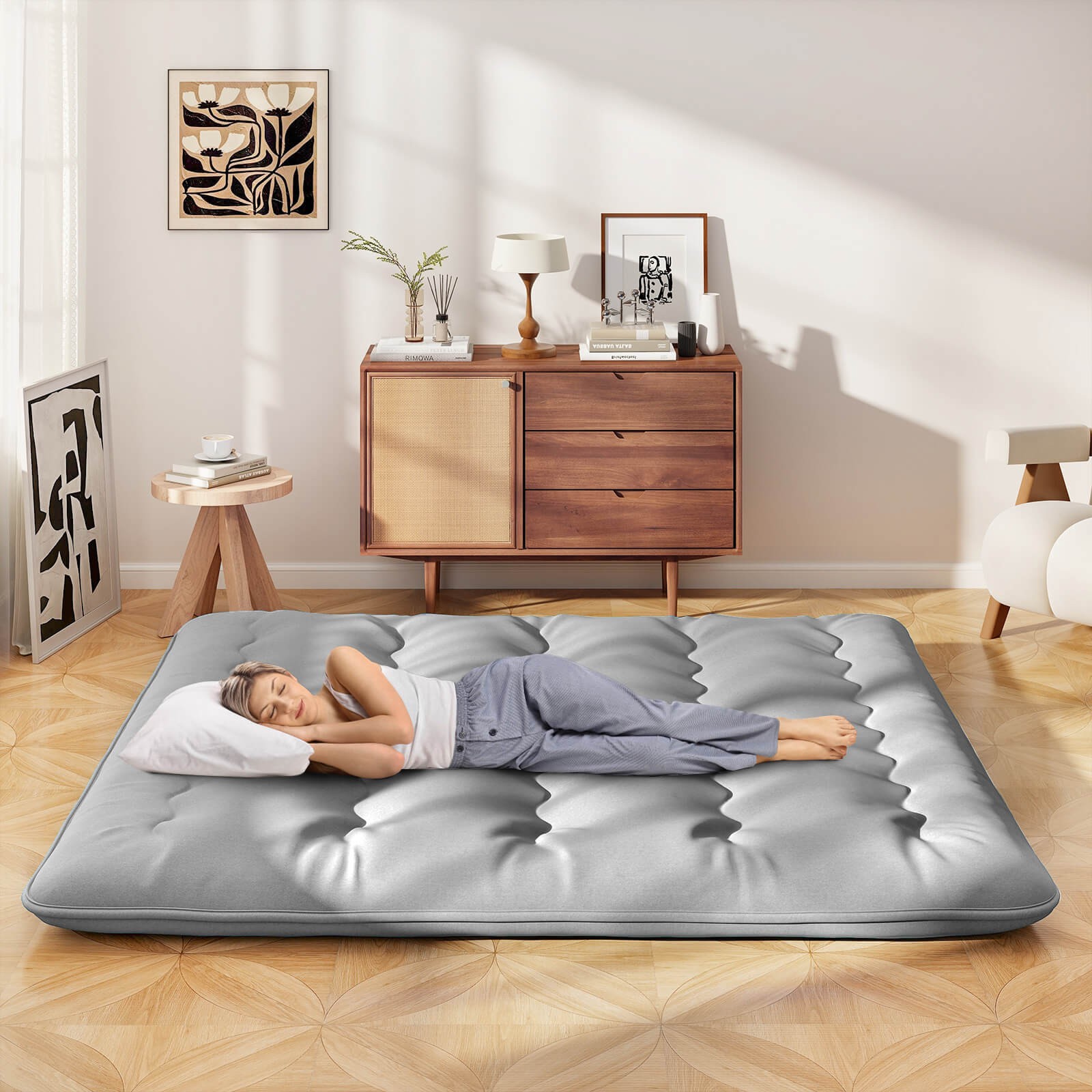King Futon Mattress Japanese Floor Pad Washable Cover Carry Bag Gray