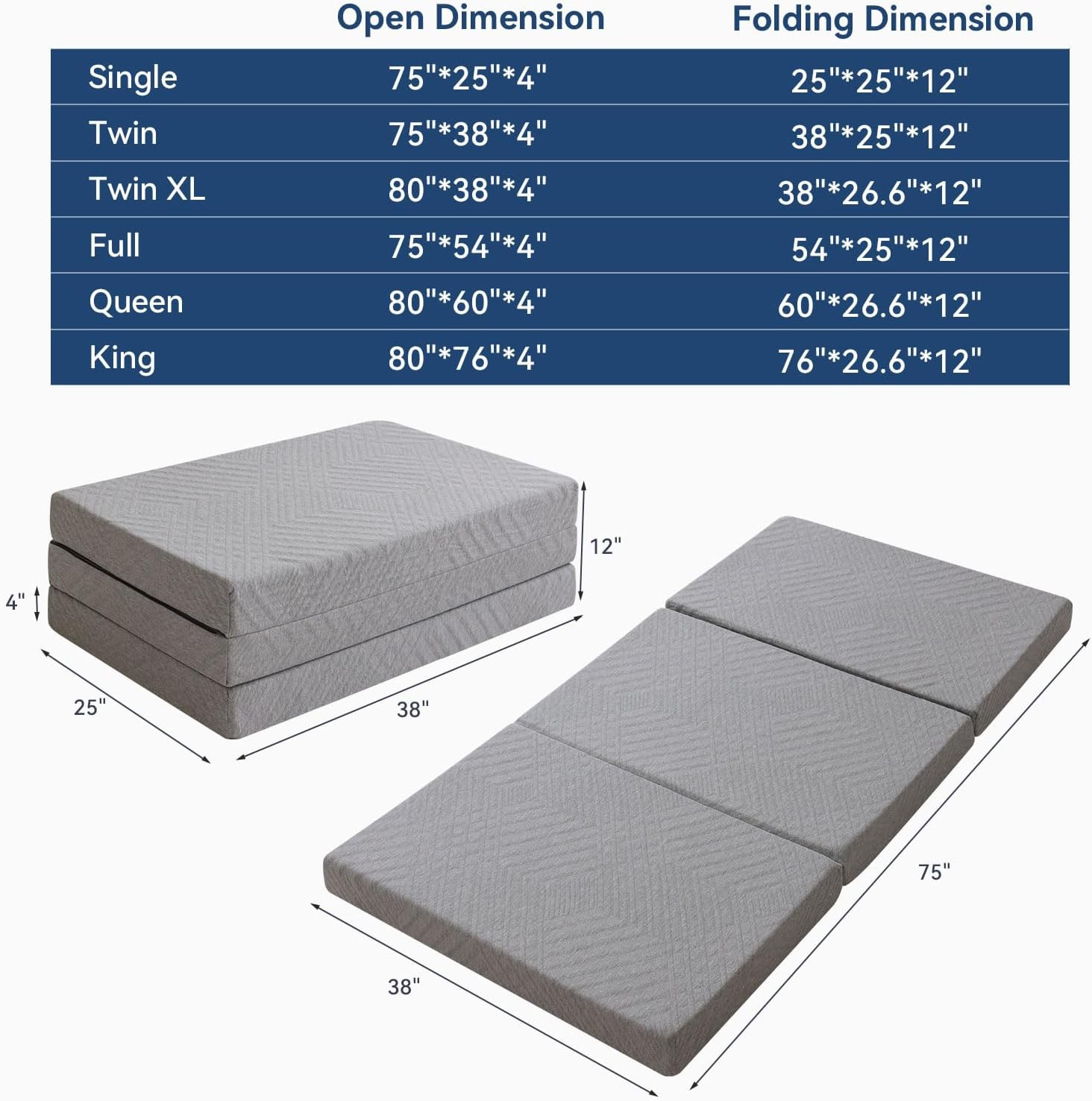Folding Mattress Twin, 4 Inch Foldable Trifold Memory Foam Mattress with Bag, Po
