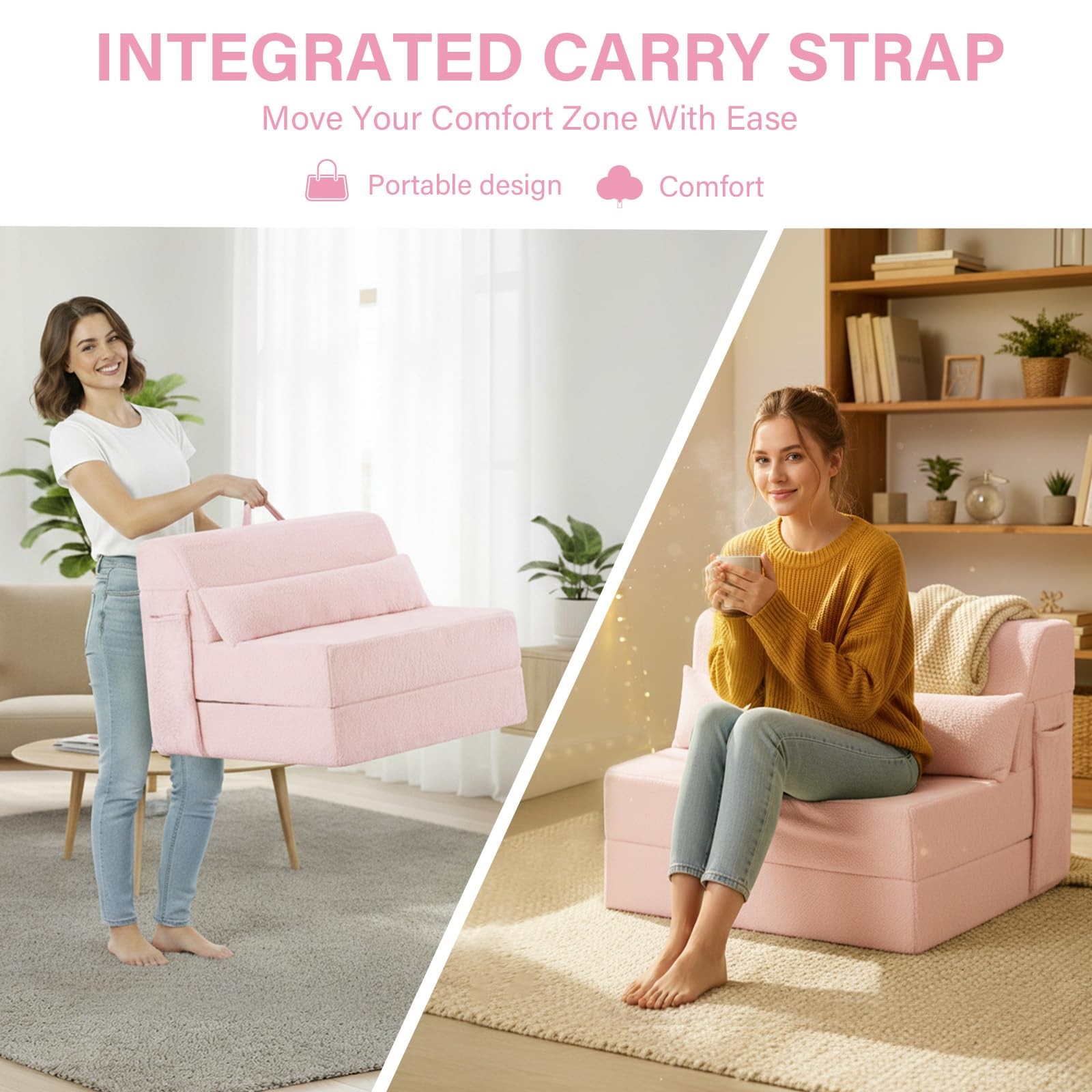 Convertible Folding Sofa Bed Single Size for Adults with Pillow, Plush Fabric…