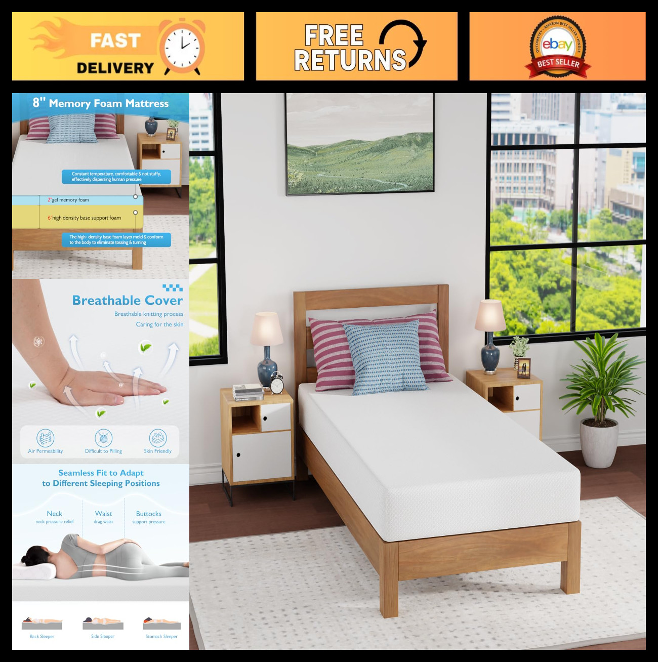 8″ Twin XL Gel Memory Foam Mattress – Medium Firm, Pressure Relief, Cooling, Was