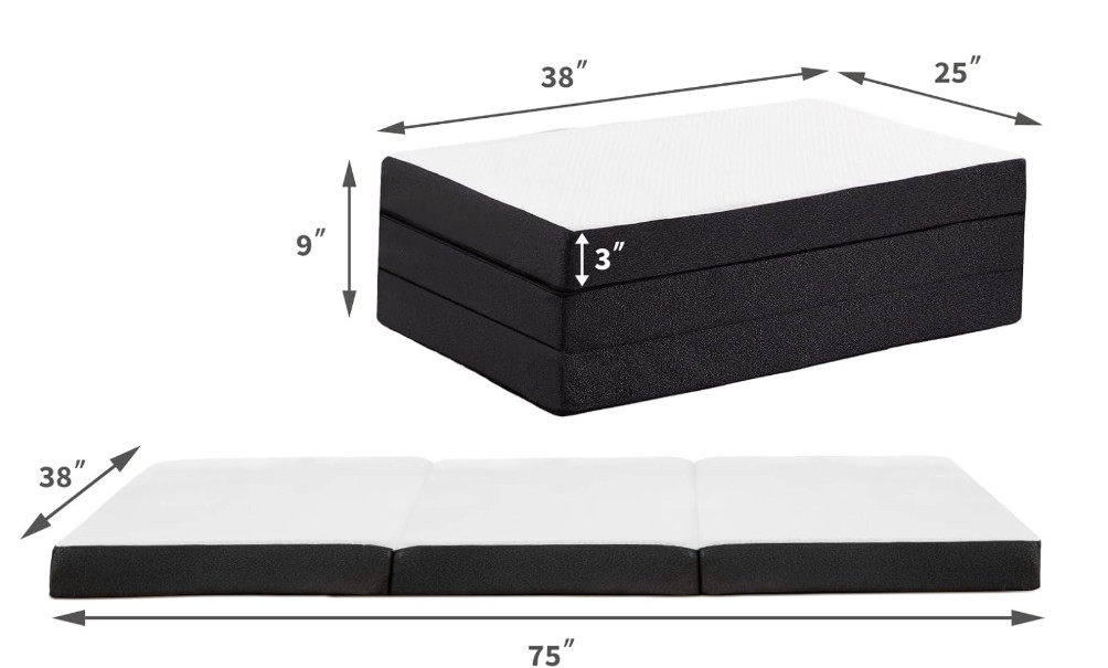 3″ Thickness Tri-fold Memory Foam Mattress, Portable Floor Bed, Foldable Mat