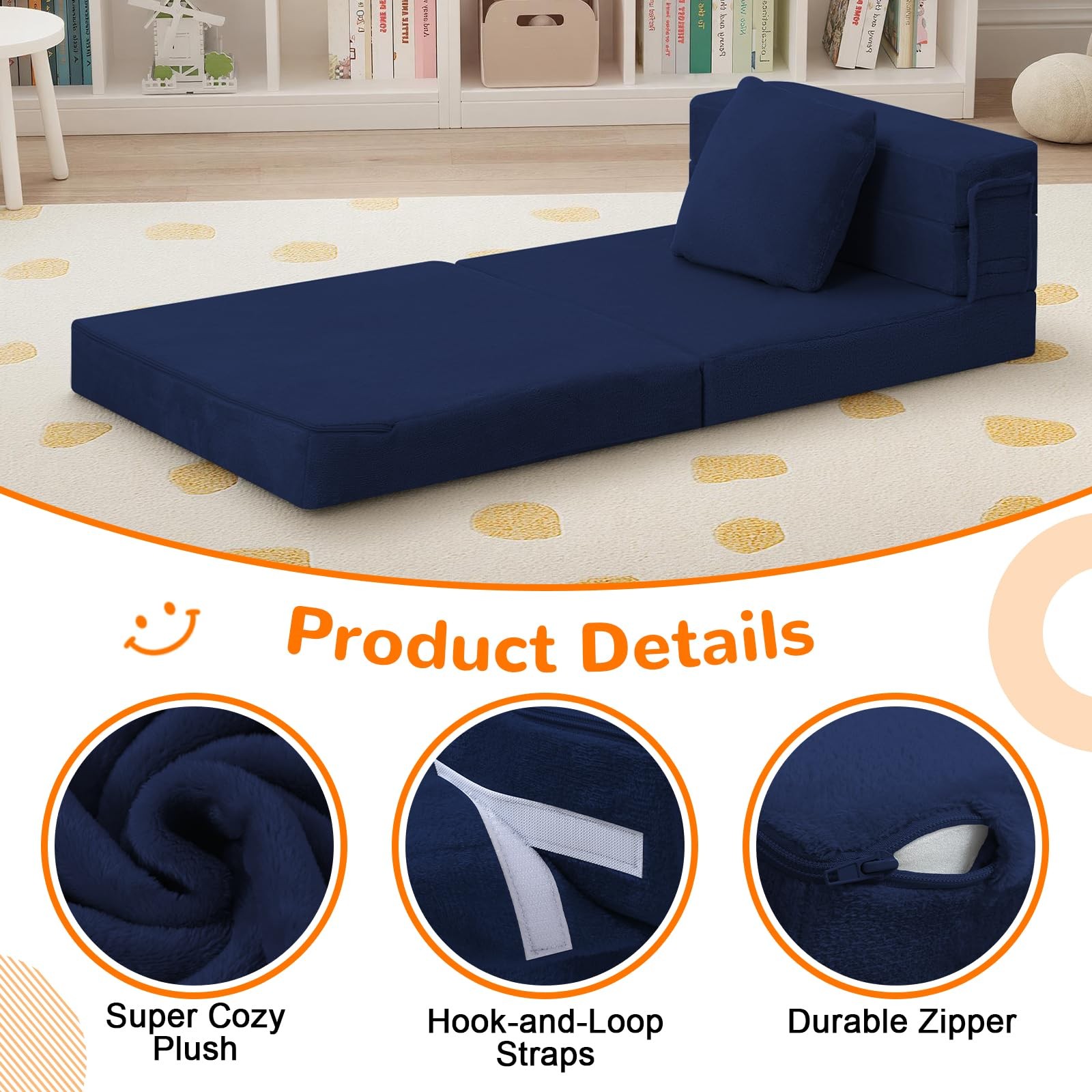 Foldable Futon Chair Bed for Kids, Toddler Sofa Mattress, Convertible Foam Fl…
