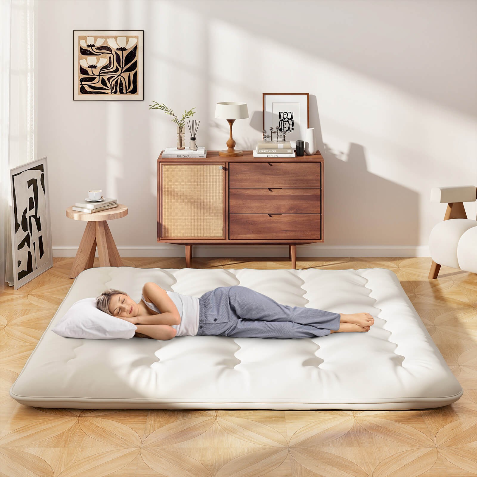 King Futon Mattress Japanese Sleeping Pad Lounge Bed w/ Washable Cover Beige