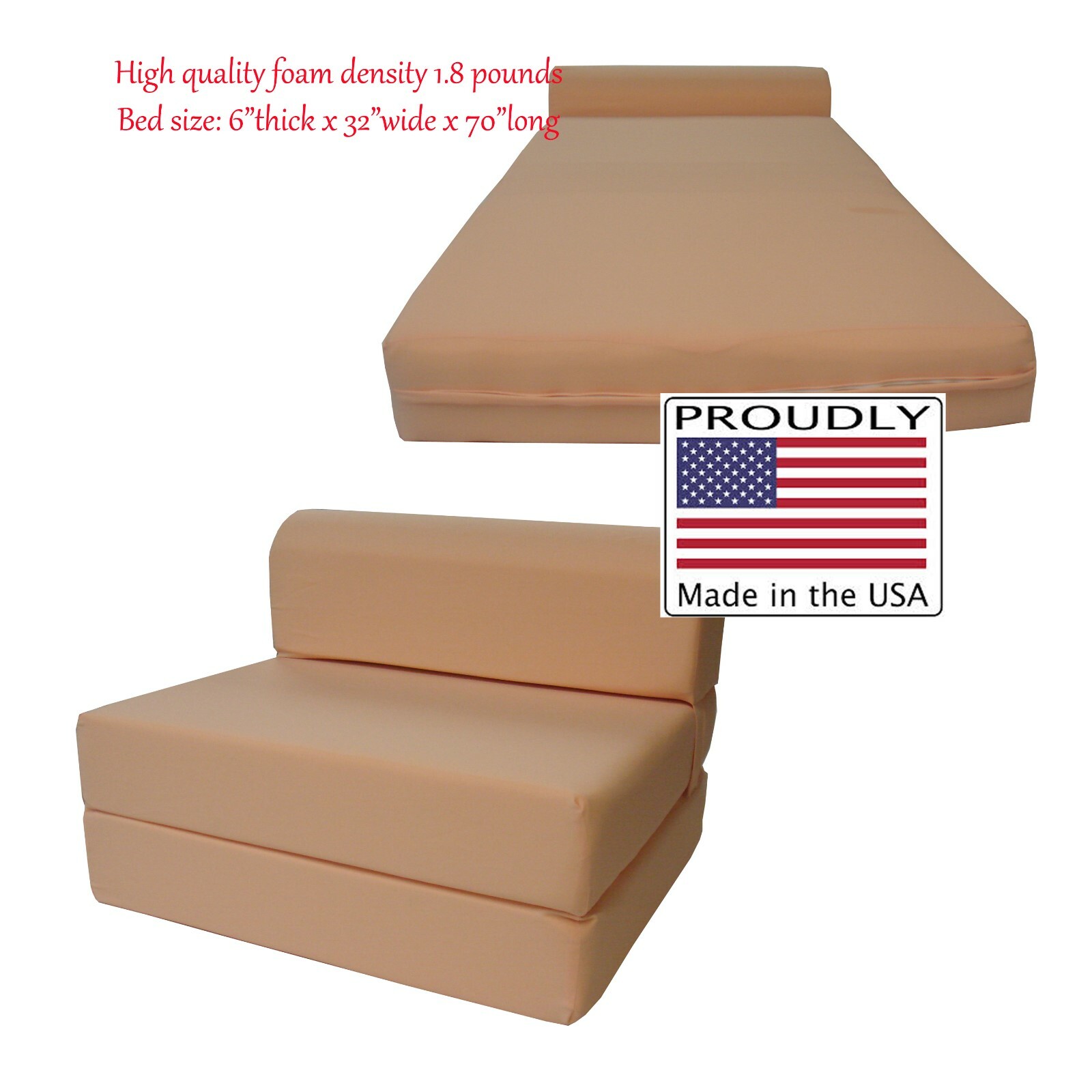Twin Flip Chair Folding Foam Beds, Portable Sofa Bed, Couch 6x32x70, Peach