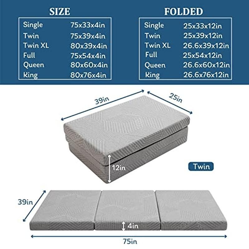 Folding Memory Foam Trifold Mattress Portable Guest Bed Travel Comfort Grey New