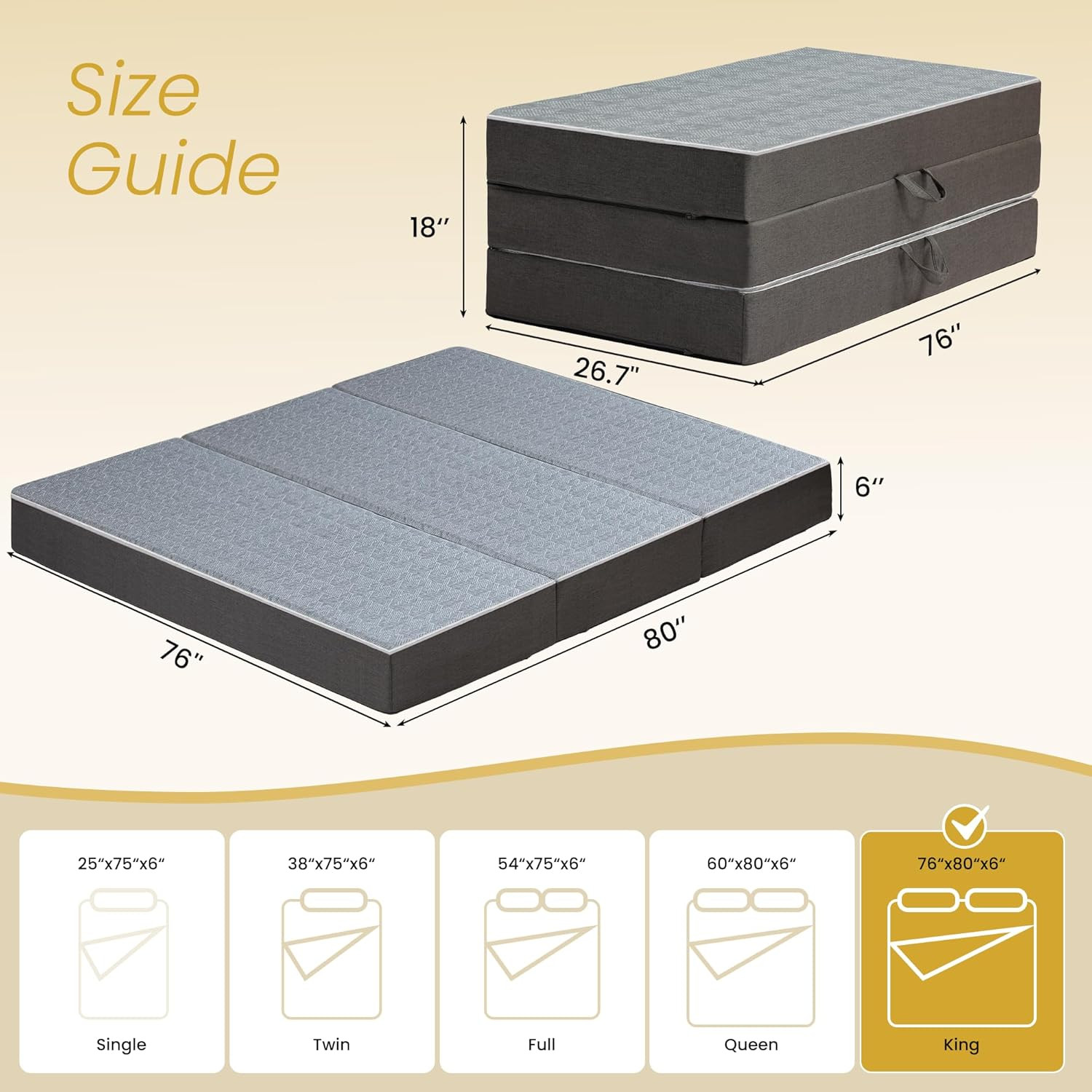 King Size Tri-Folding Mattress – 6″ Memory Foam for Home, Camping & Yoga