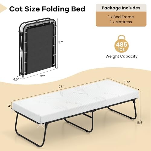 Folding Bed with Mattress, 75″ x 31″ Rollaway Guest Bed with Memory Foam &