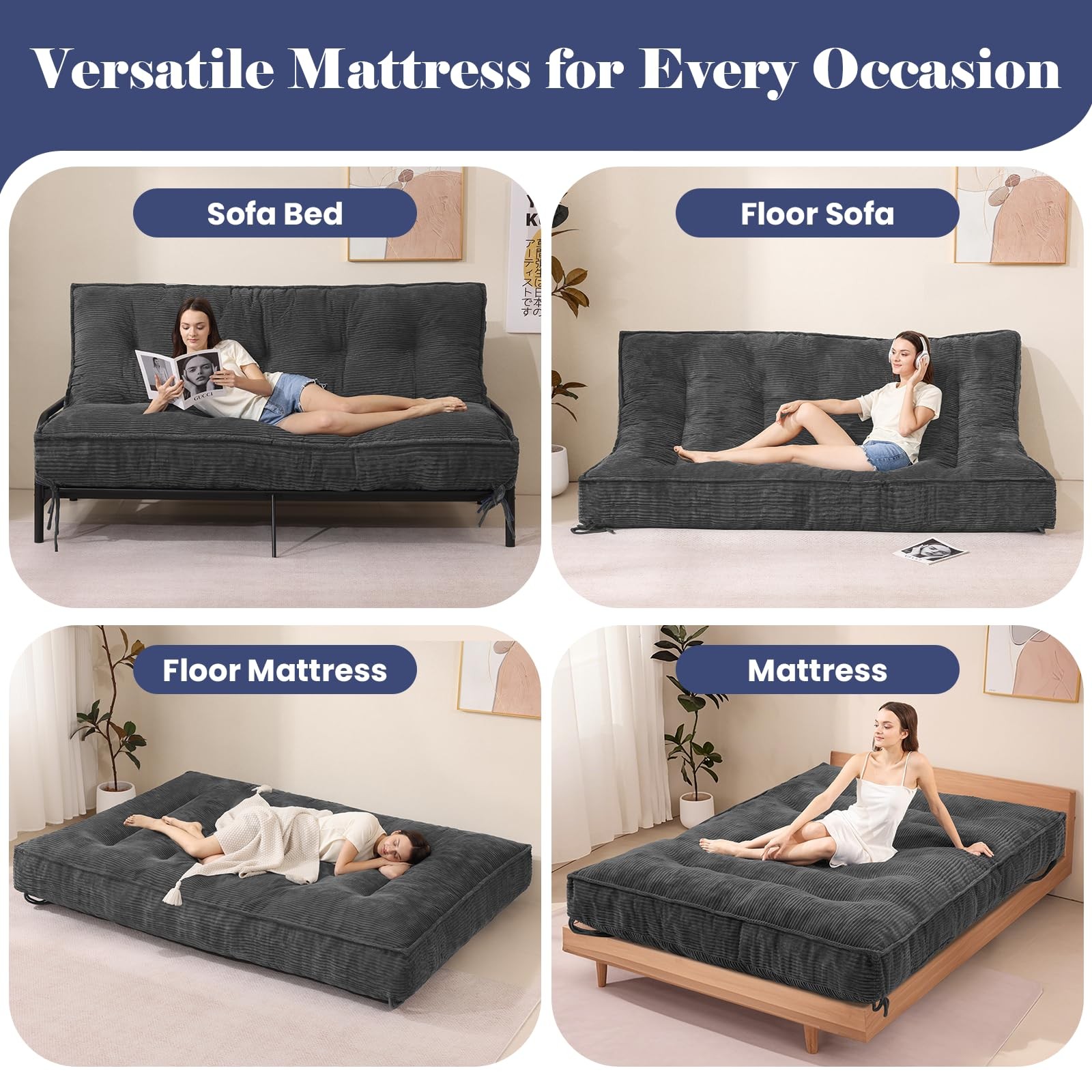 Futon Mattress 8″ Full Size Medium Firm Roll Up Folding Shredded Foam Filling