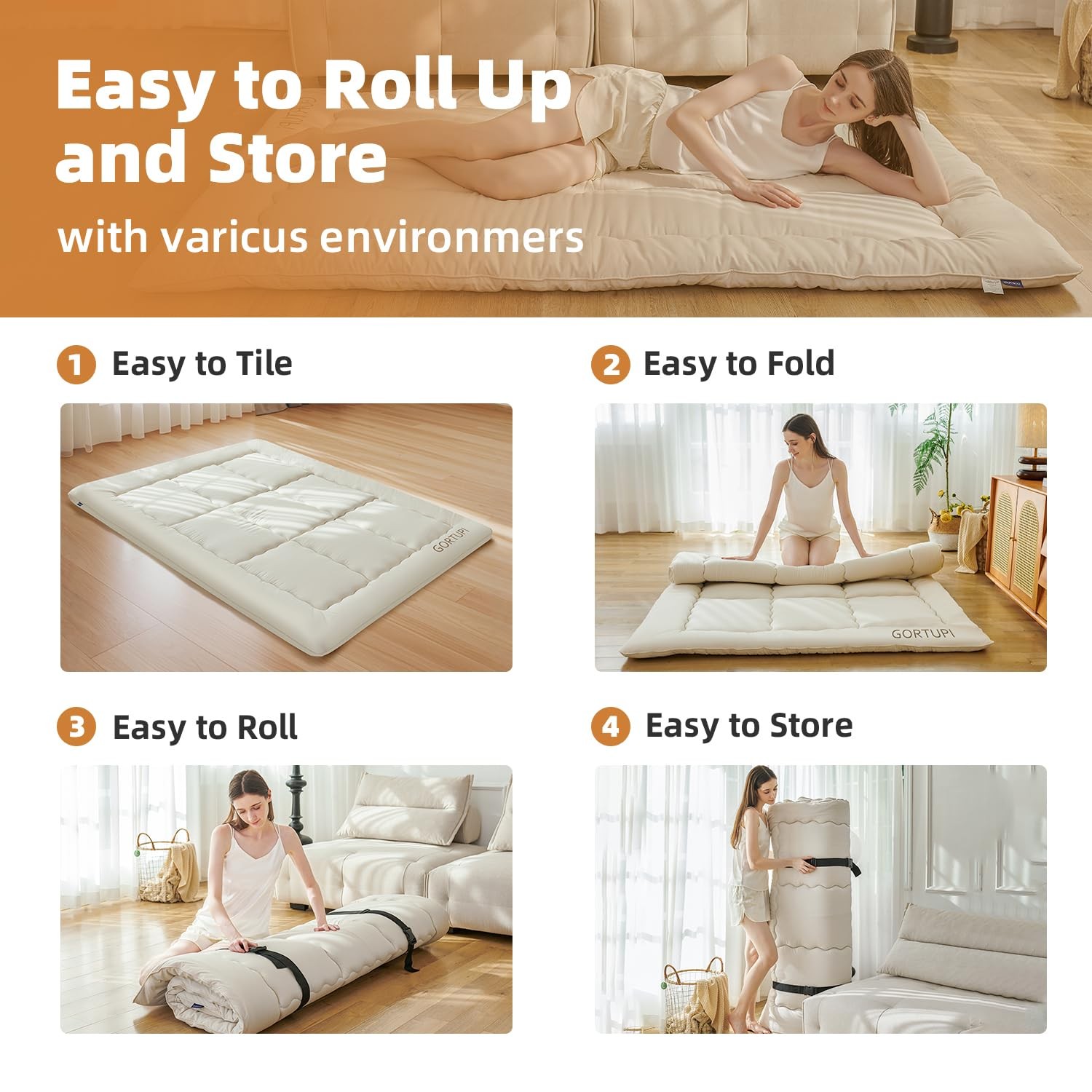 Colchonetas Para Dormir En El Piso Full Size 3 Pulgadas Adultos Beige Portatil
