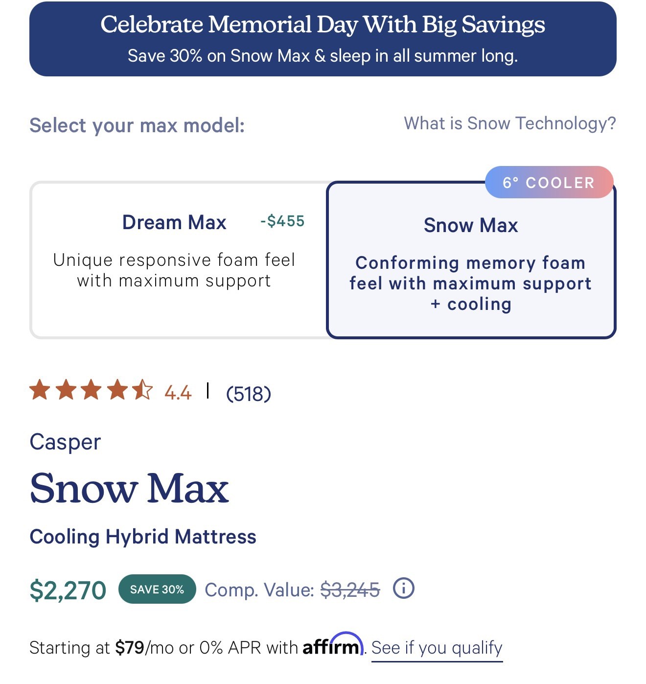 Casper Snow Max Mattress, Brand New in Box | Queen