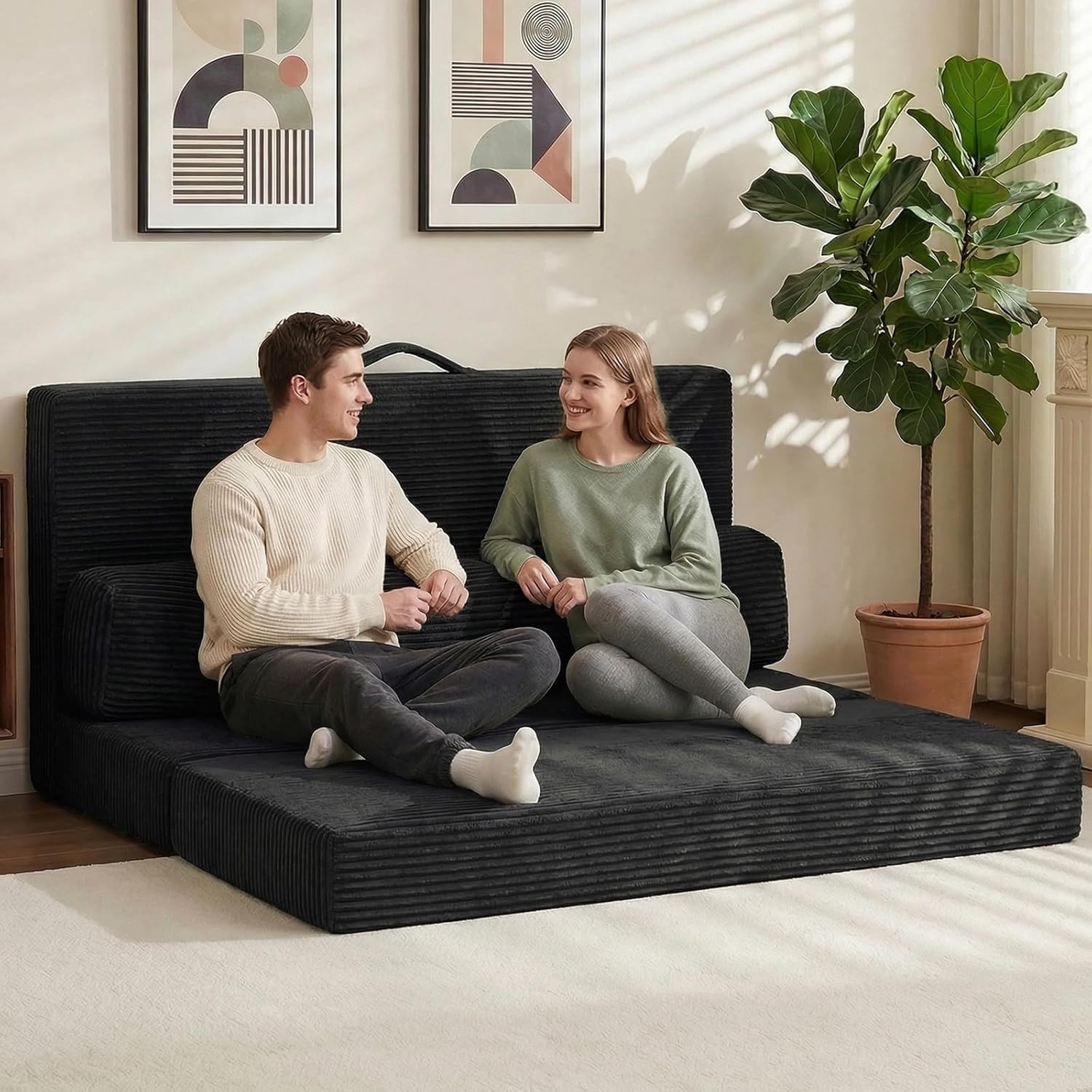 6″ Tri-Folding Full Mattress Sofa Bed, Washable Cover, High-Density Foam, Black