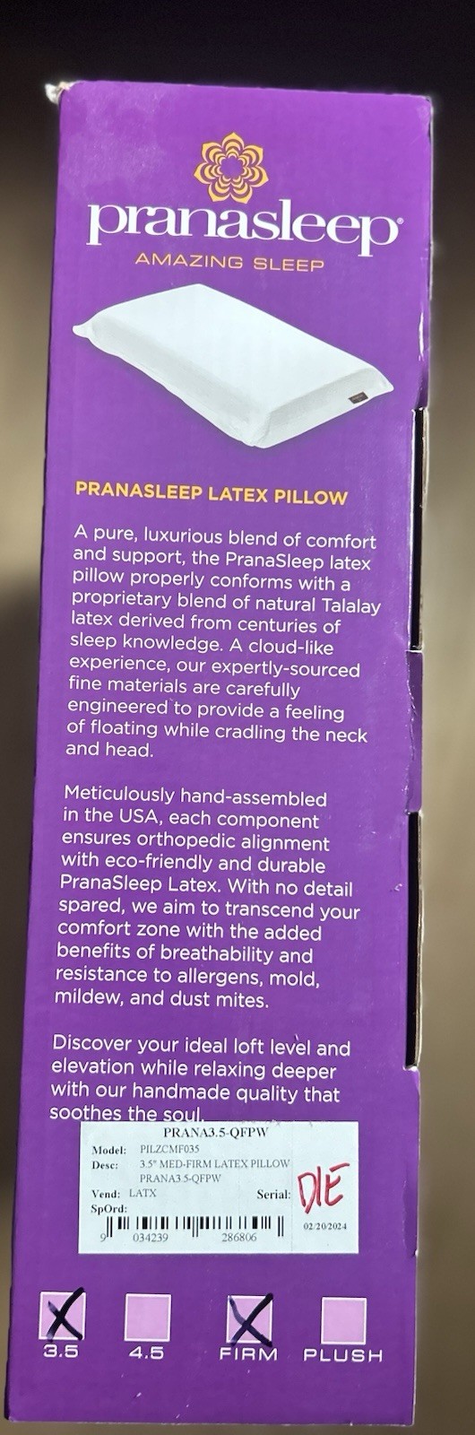 New Paranasleep Luxury Latex Organics 3.5 Firm 100% Natural Talalay Latex Pillow