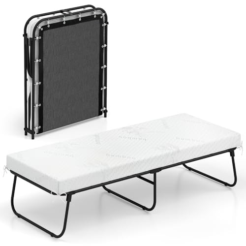 Folding Bed with Mattress, 75″ x 31″ Rollaway Guest Bed with Memory Foam &