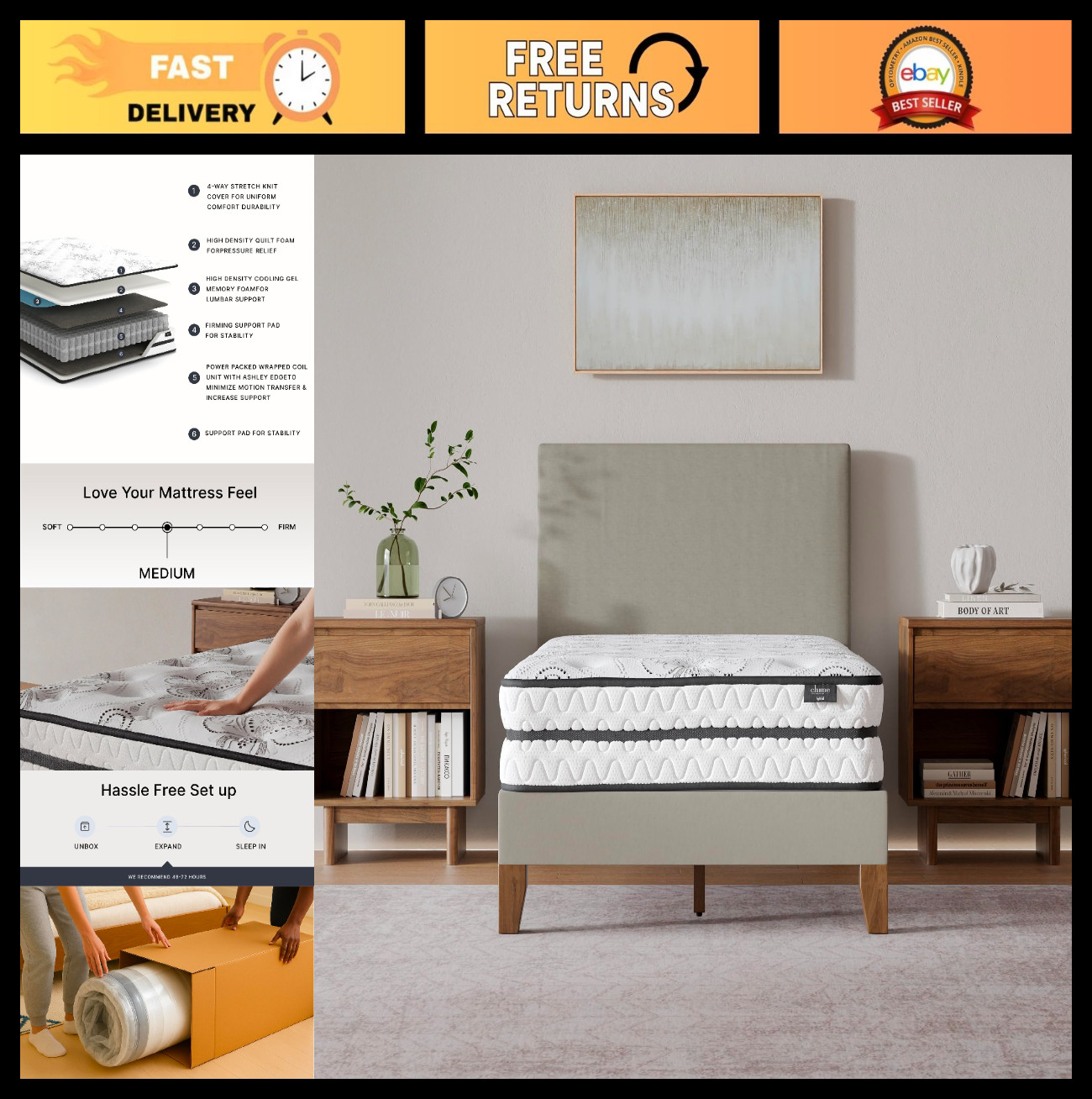 Twin Size 10″ Medium Firm Hybrid Mattress with Cooling Gel Foam – Pressure Relie