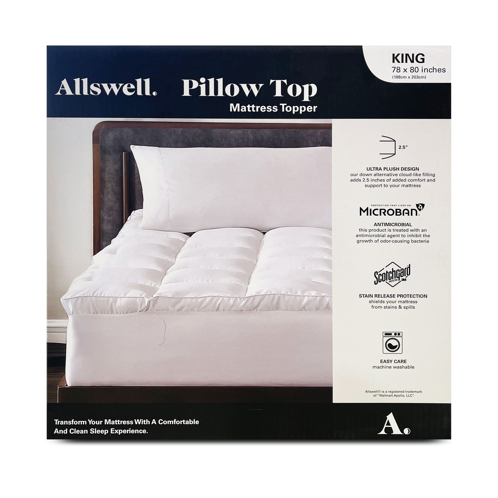 Allswell Ultra Plush Pillow Top Mattress Topper, King,Microfiber,NEW