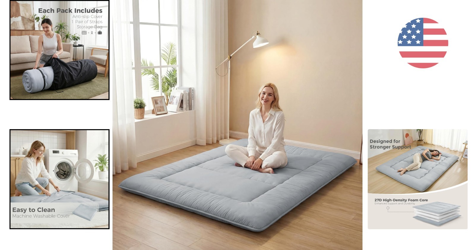 2.5″ Grey Japanese Futon with Removable Cover – Lightweight Comfort