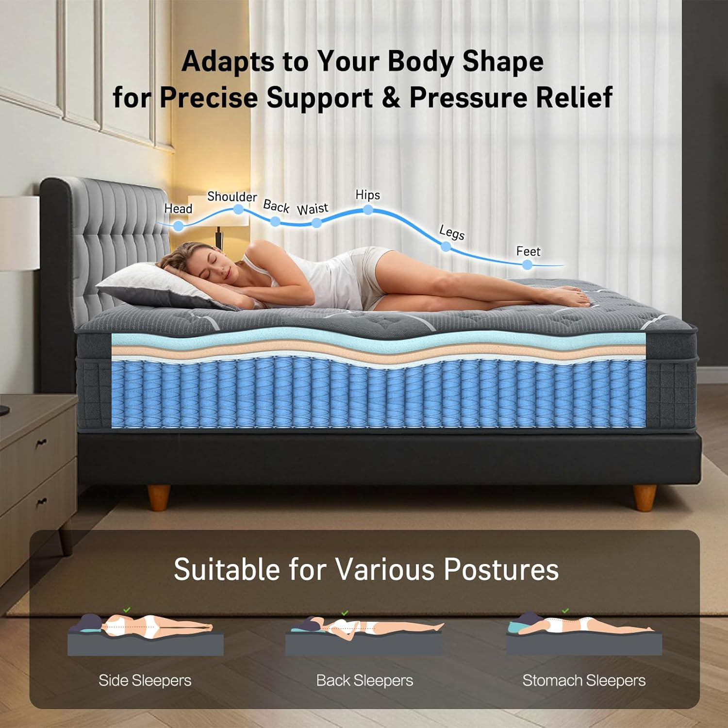 Full Size 12″ Hybrid Mattress Memory Foam Pocket Spring Medium Firm