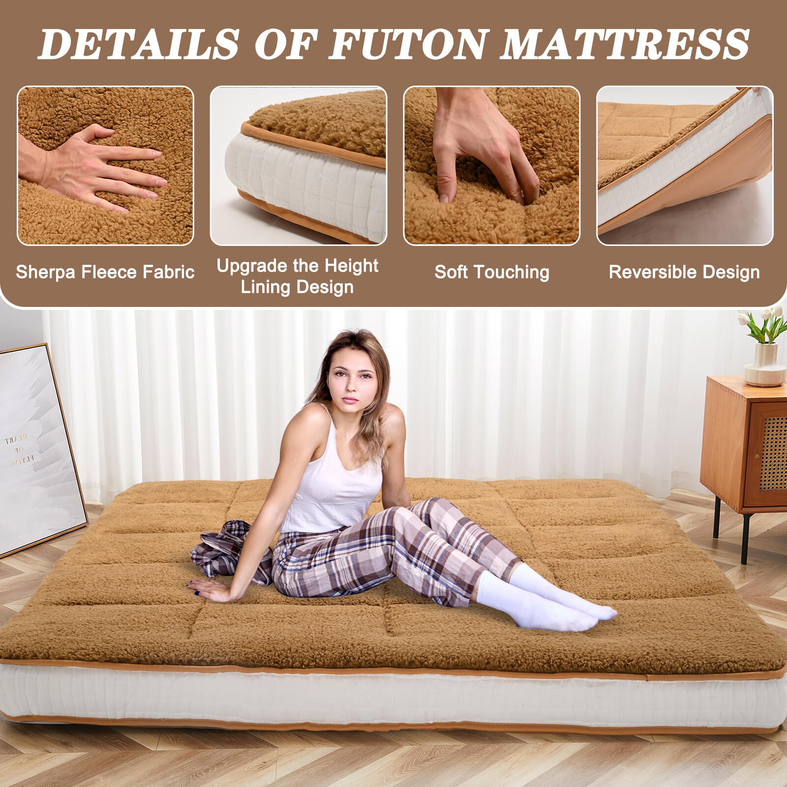 SUNYRISY Japanese Mattress Topper Quilted Fitted Mattress Sherpa Fleece Cushion