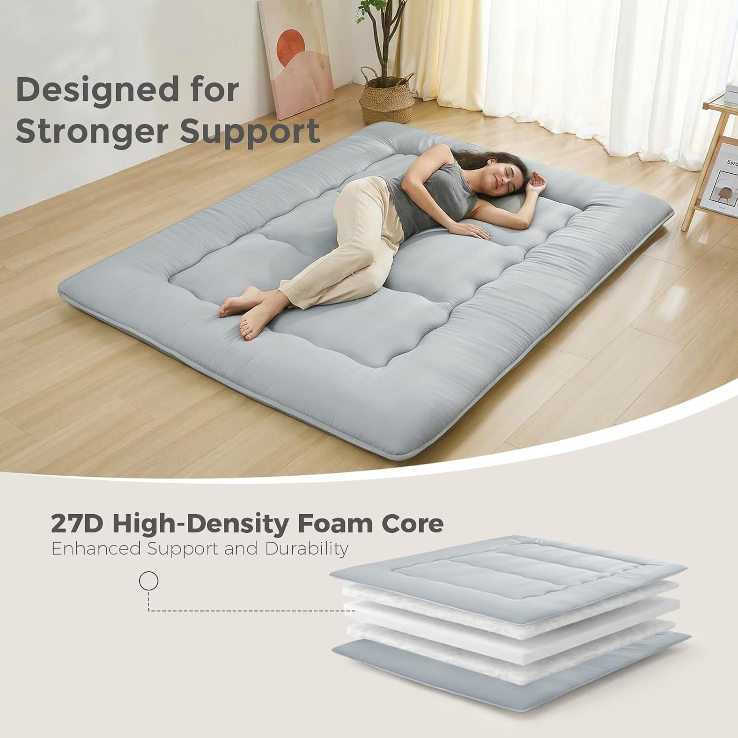 2.5″ Grey Japanese Futon with Removable Cover – Lightweight Comfort