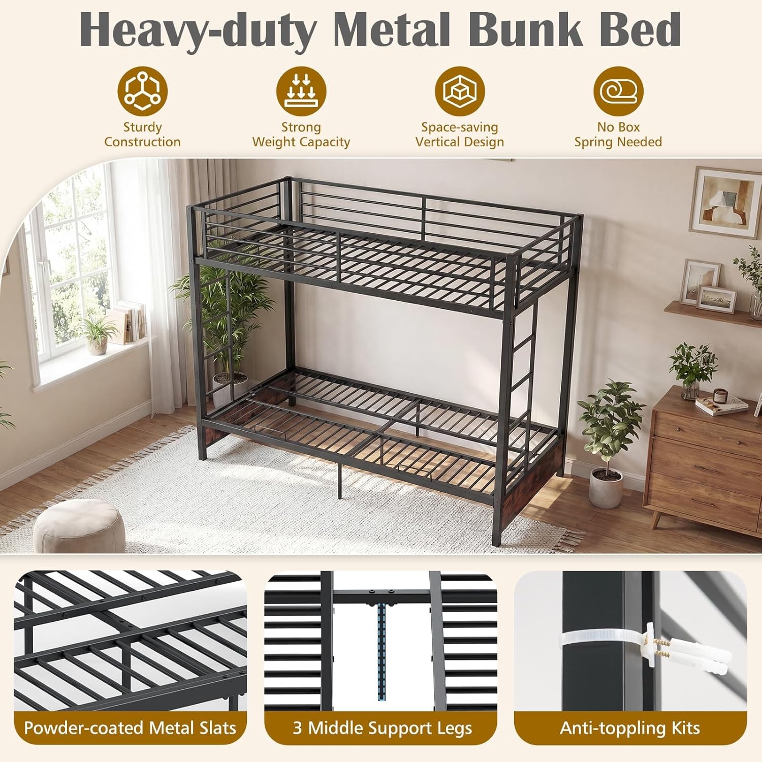 Twin Over Twin Futon Bunk Bed, Convertible Metal Bunk Bed with
