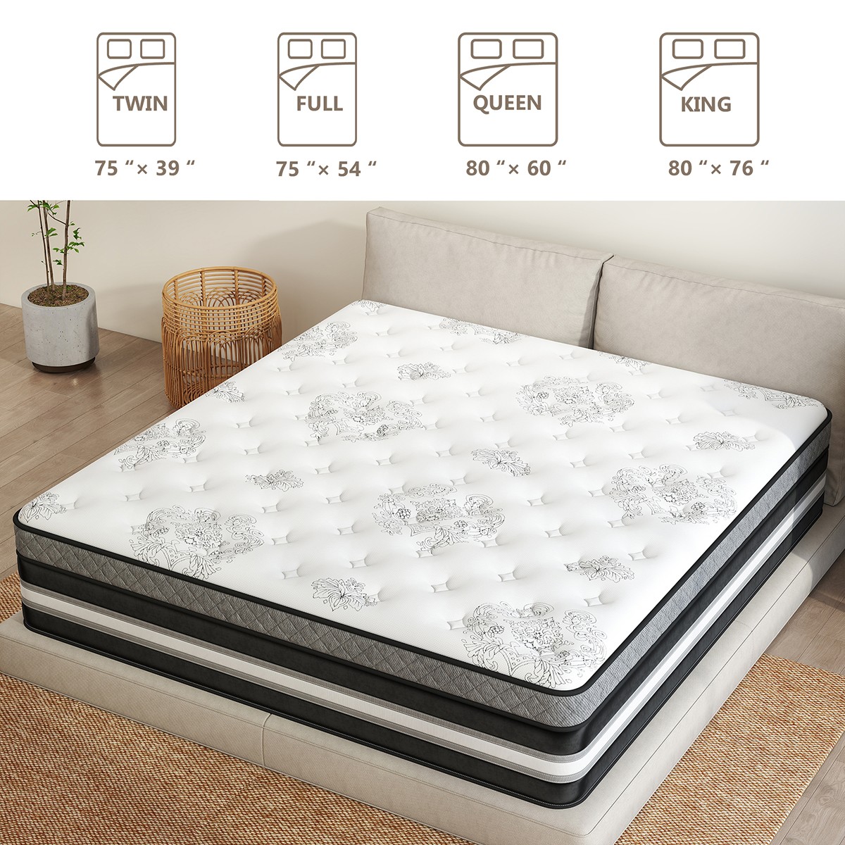 12″ 14″ Twin Full Queen King Mattress Gel Memory Foam Pocket Coil Bed In a Box