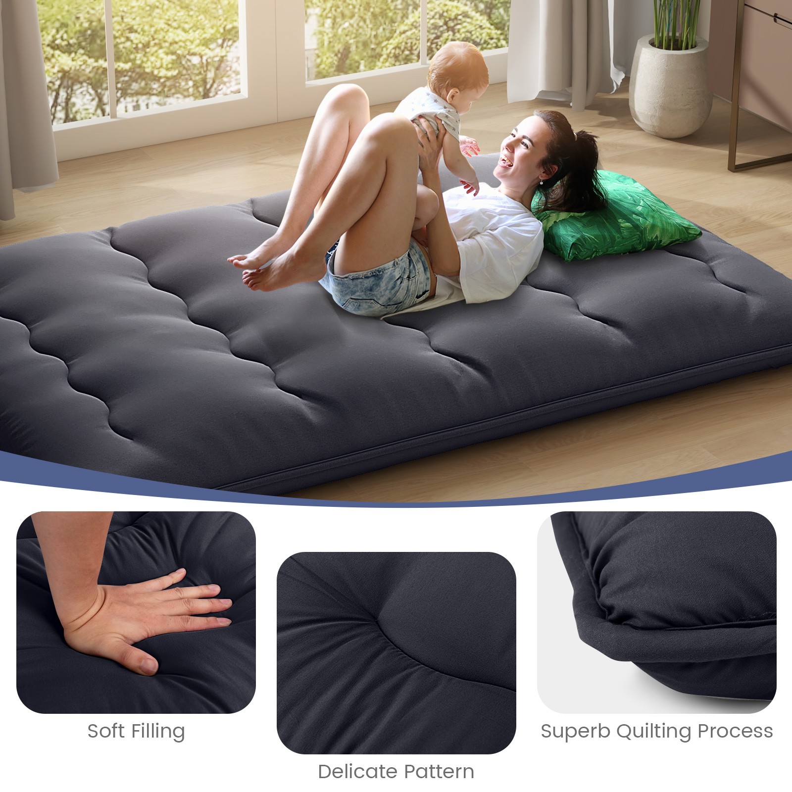 Full Futon Mattress Japanese Floor Pad Washable Cover Carry Bag Black