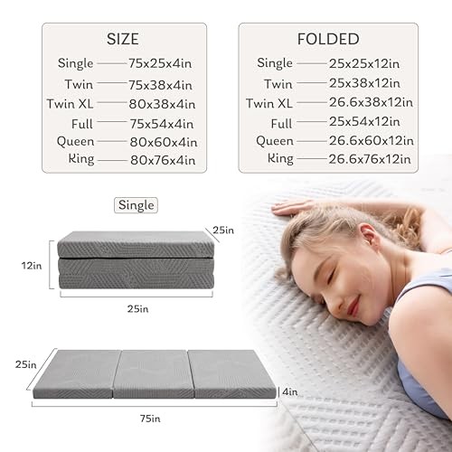 Tri-Fold Memory Foam Topper, 4 inch Single Folding Small Single 4 Inch
