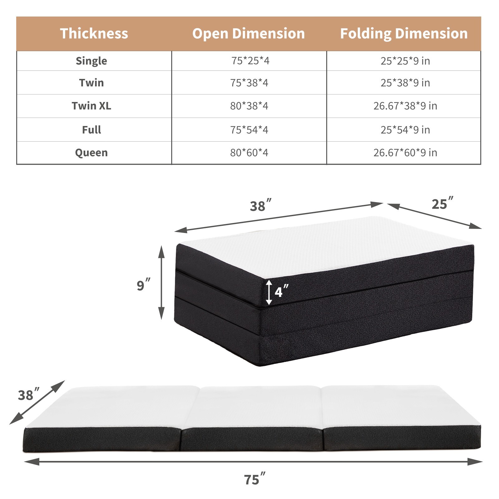 Tri-fold Memory Foam Mattress, Portable Floor Bed, Foldable Mat for Bedroom