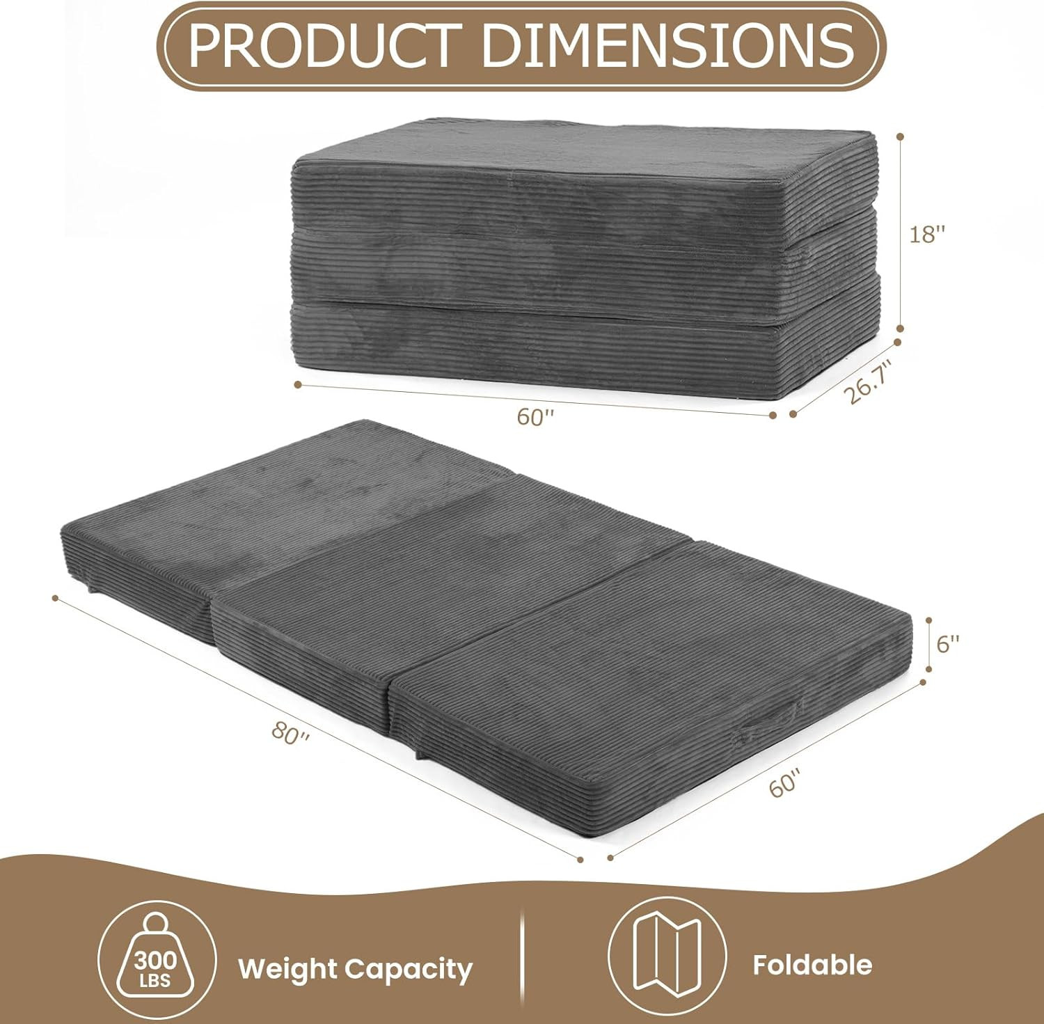 Queen Size Tri-Folding Mattress – Portable Futon Bed with Washable Cover