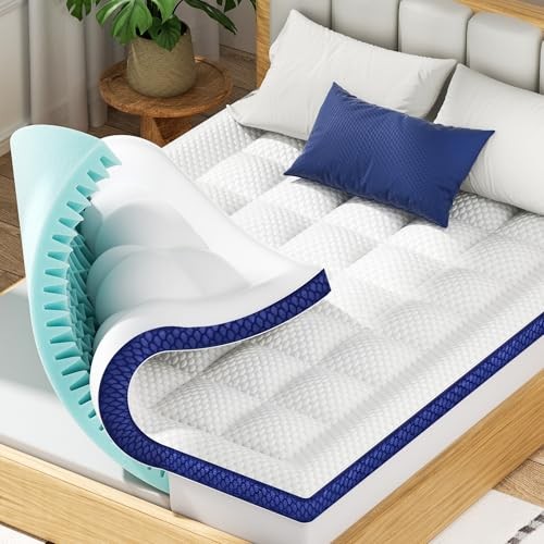 Mattress Topper Dual Layer 4 Inch Memory Foam Mattress Topper, King White-blue