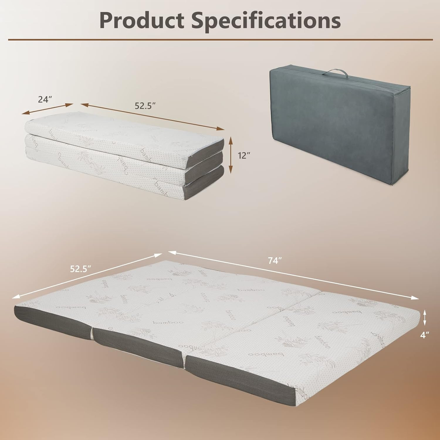 4″ Memory Foam Tri-Fold Mattress with Removable Cover & Storage Bag – Full Size