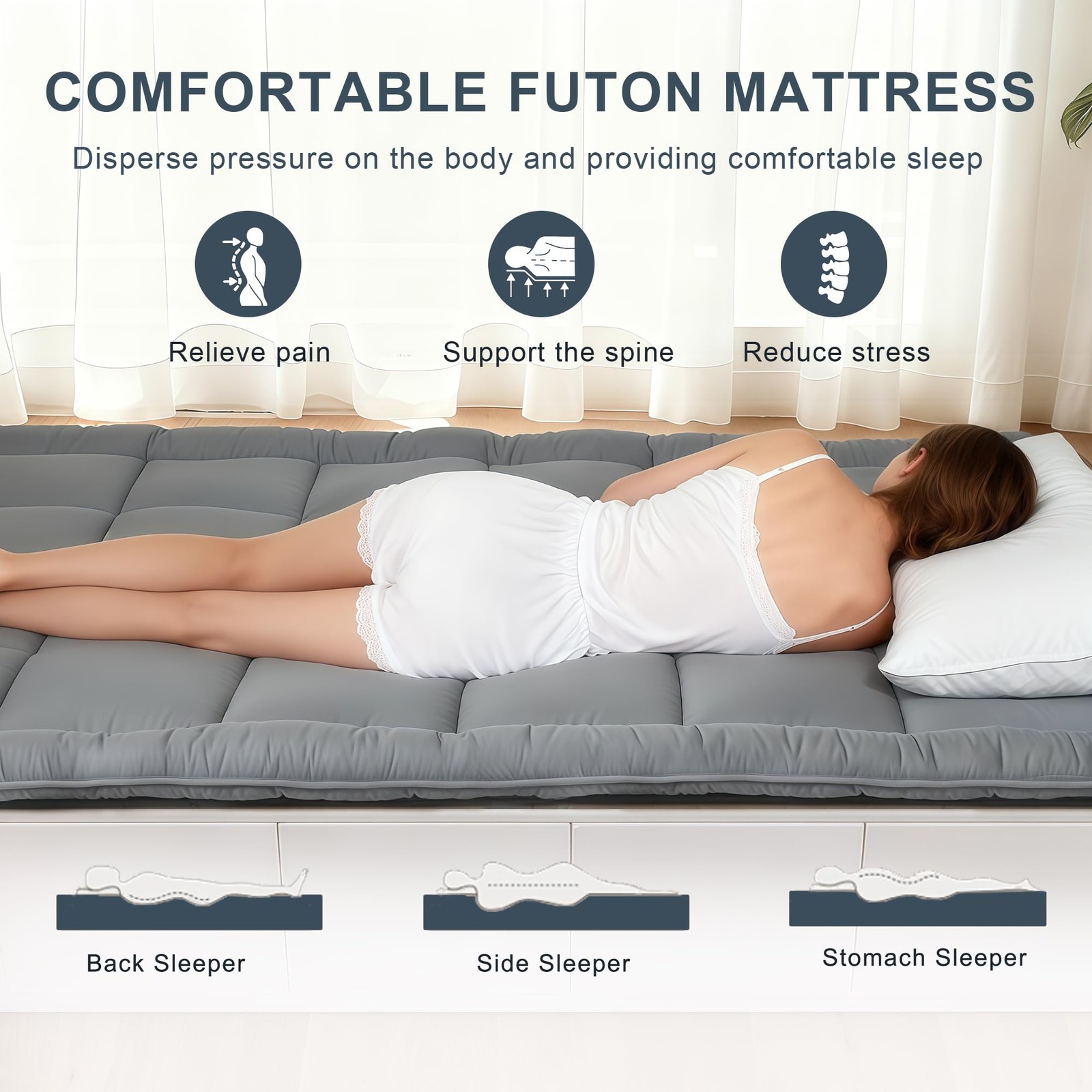 Japanese Floor Mattress Futon, Thick 5-Layer Roll Up Foldable Mattress, Comfo…