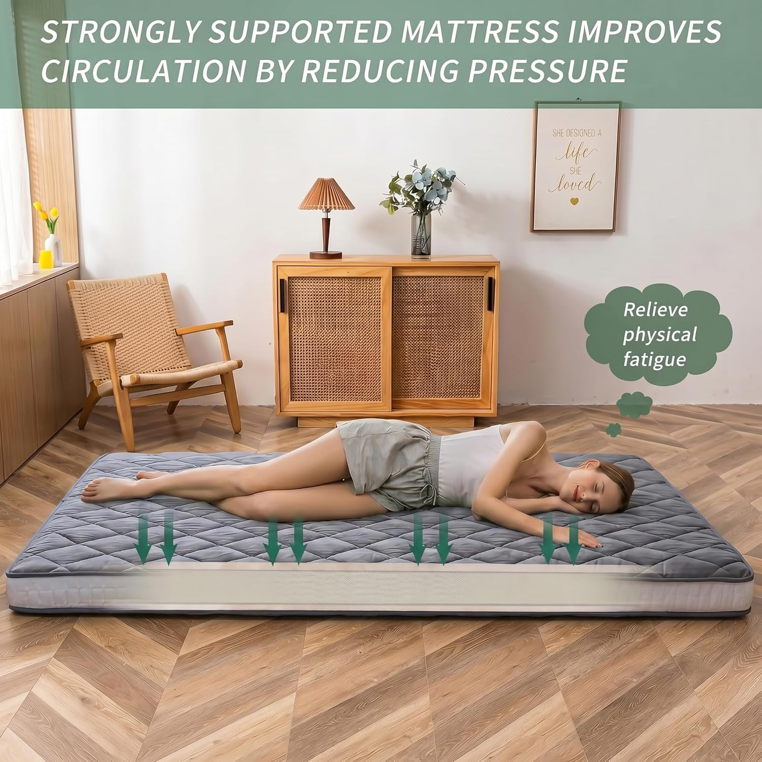King Size Japanese Floor Futon Mattress – Dark Grey Diamond Pattern, Roll Up Des