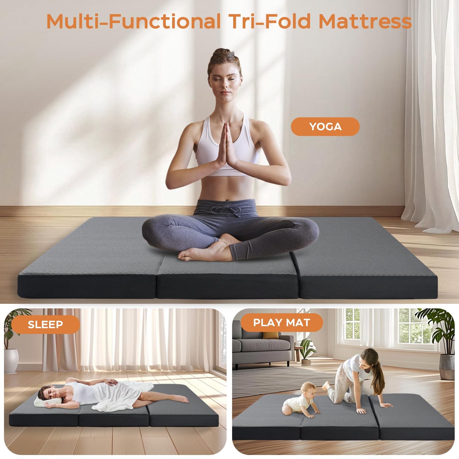 Portable Tri-Fold Memory Foam Mattress – 4″ Single Size for Travel & Camping
