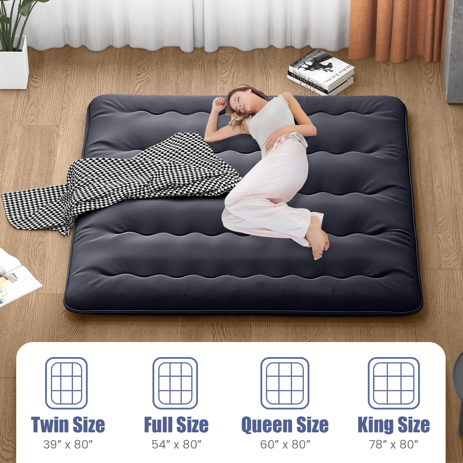 King Futon Mattress Japanese Floor Sleeping Pad Washable Cover Carry Bag Black