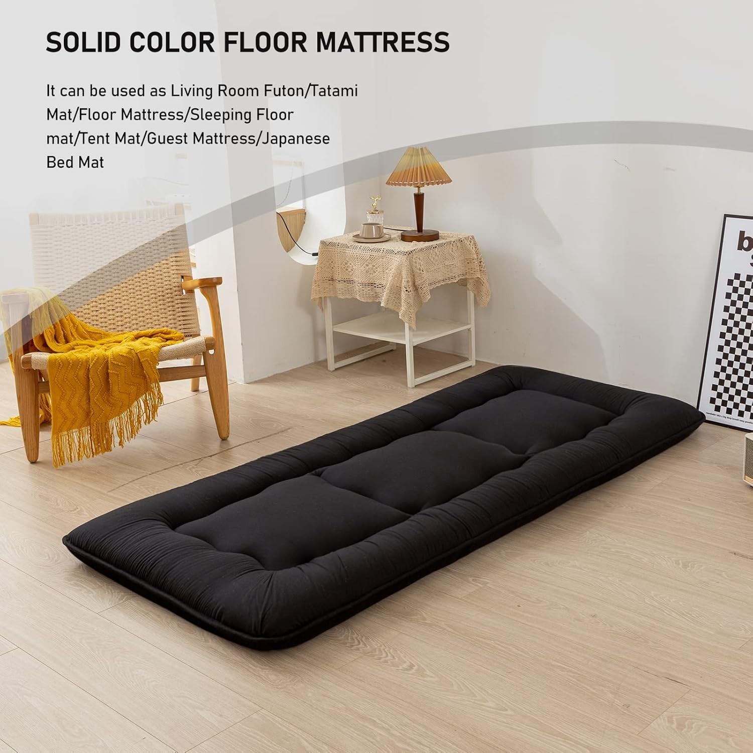 Compact 4″ Black Floor Mattress with Dustproof Cover – Versatile Adult Futon