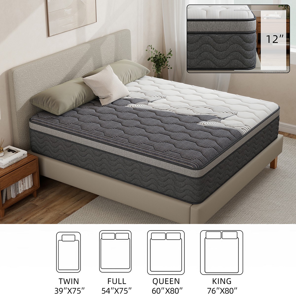 12 Inch Full Queen King Size Mattress Medium Firm Soft Memory Foam Hybrid Spring