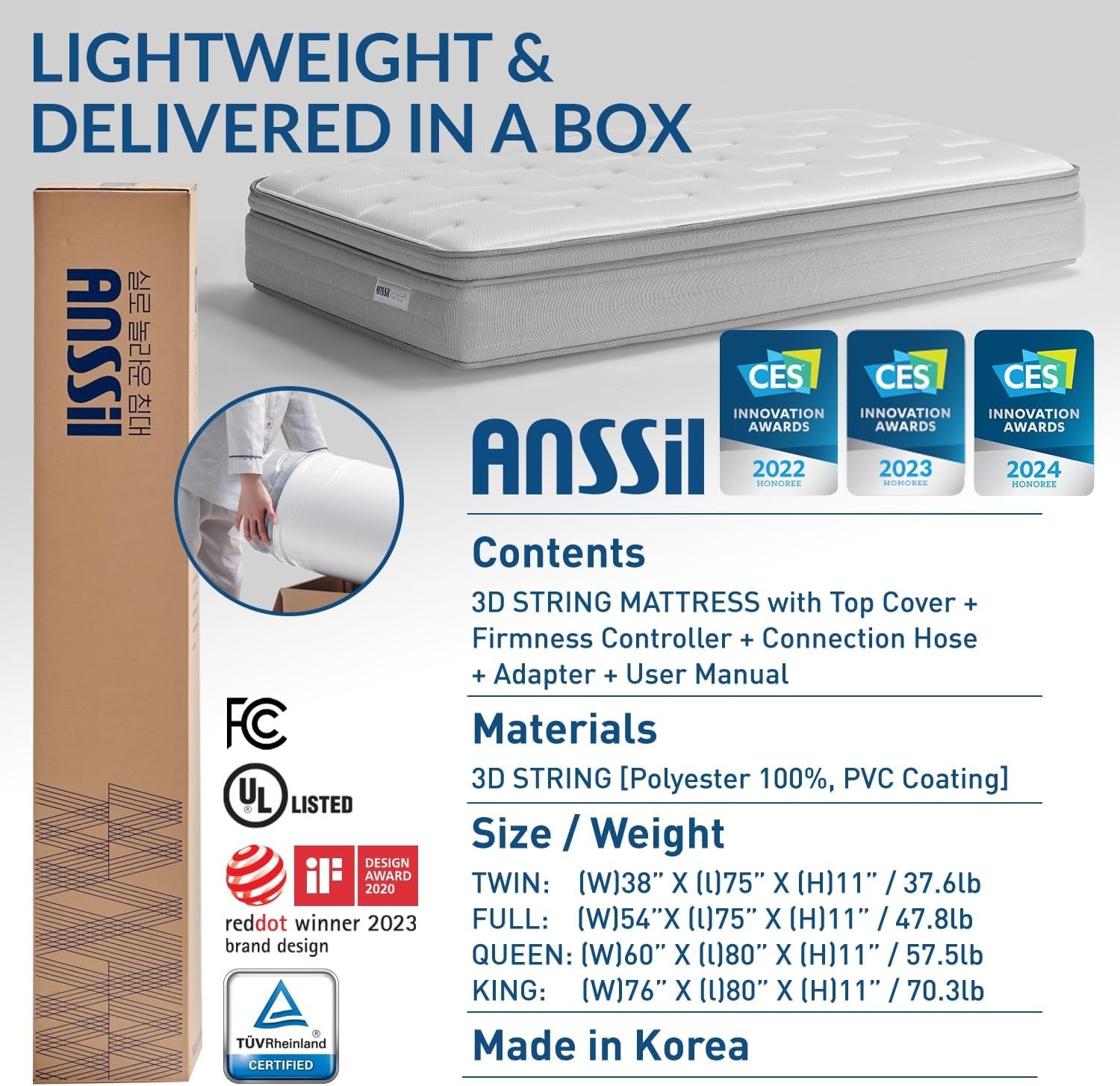Anssil Flat Grid Plus Twin Mattress Extra Firm With No Spring And 3D Technology