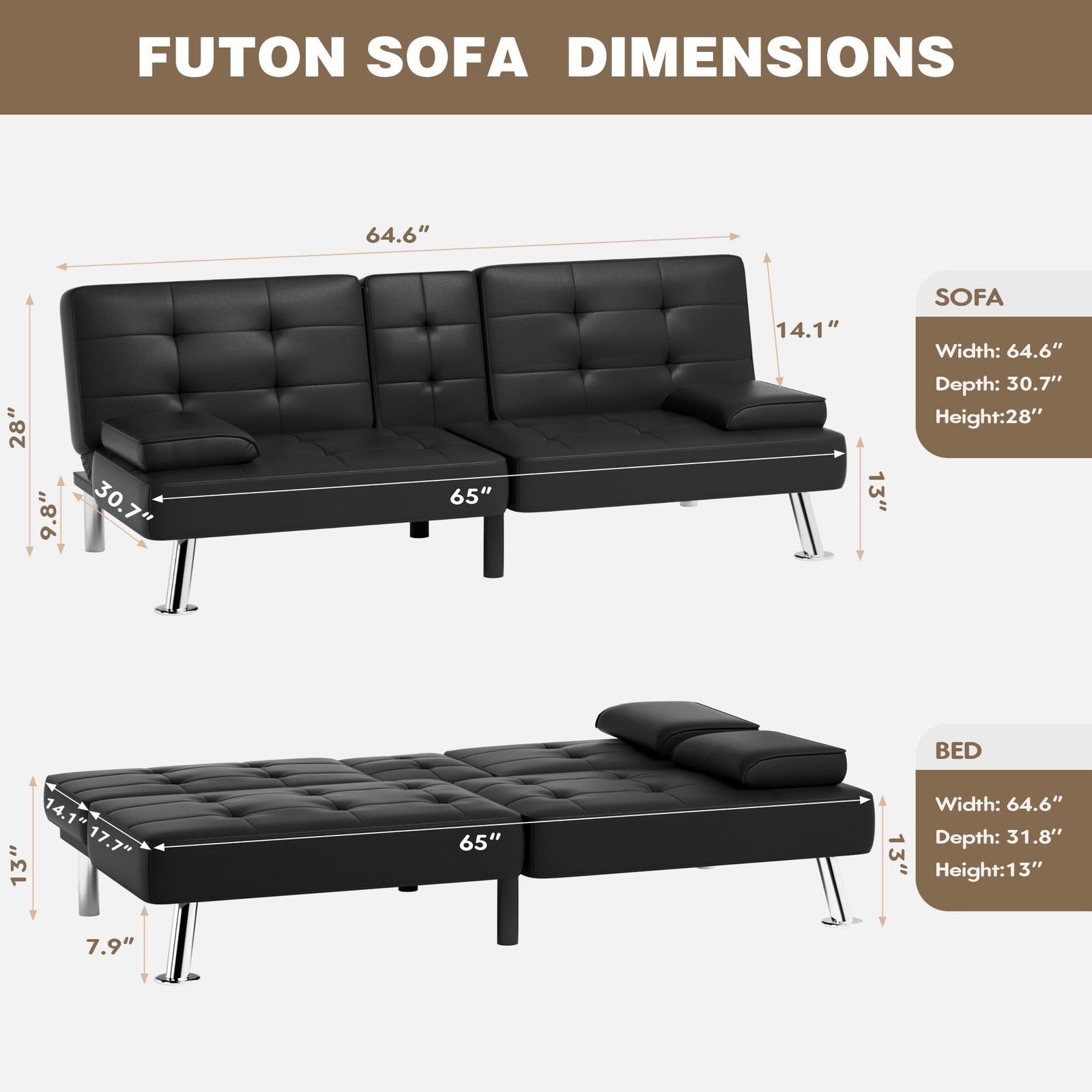 Homall Futon Sofa Bed, Leather 65 inches x 30.7 x 28 inches, Black