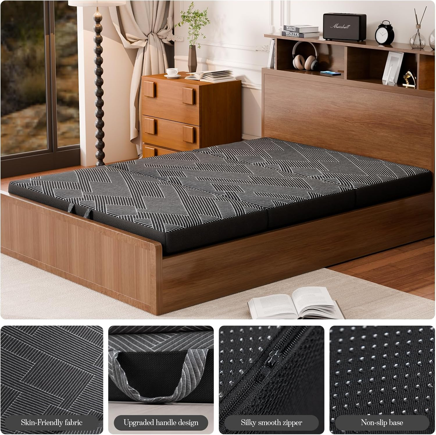 Portable Tri-Fold Memory Foam Mattress – Full Size, Washable Cover, Non-Slip