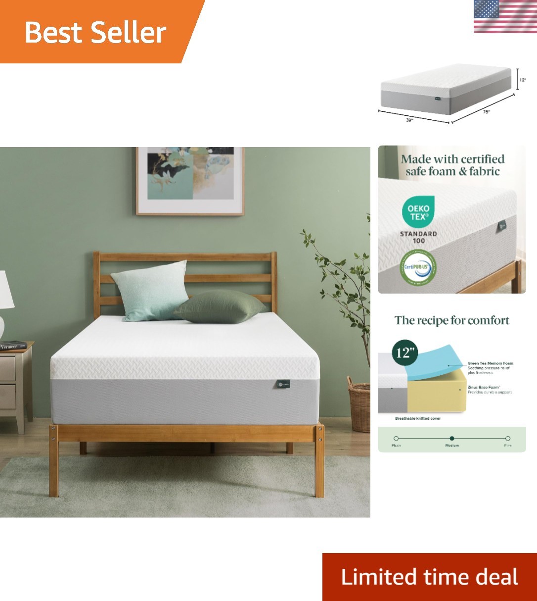 12 Inch Green Tea Essential Memory Foam Mattress for Revitalizing Sleep – Twin