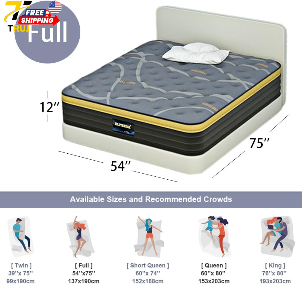 12″ Pillow Top Hybrid Mattress Memory Foam&Pocket Spring Firm Pressure Relief