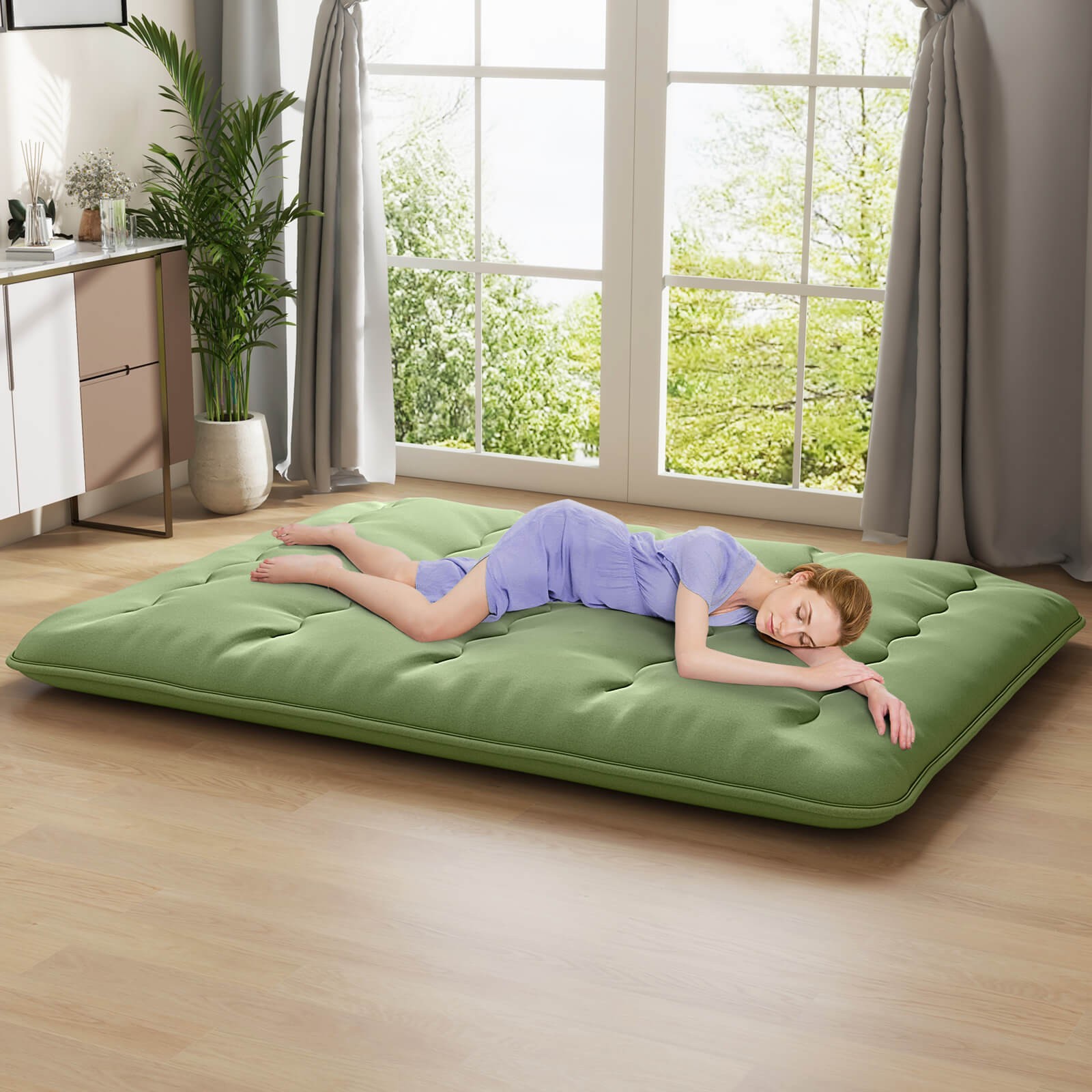 Queen Futon Mattress Japanese Floor Pad Washable Cover Carry Bag Green