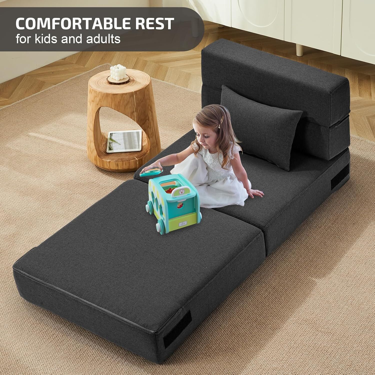 Folding Sofa Bed with Pillow- Convertible Chair Floor Couch Single, Dark Grey