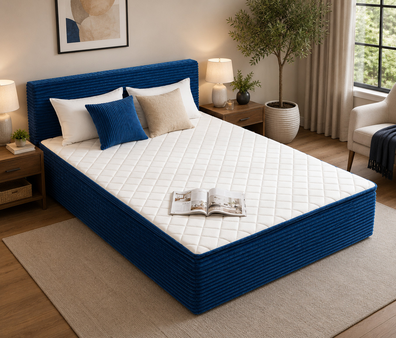 Queen Blue Boneless Bed Floor Mattress Hybrid Foam Spring Guest Bed