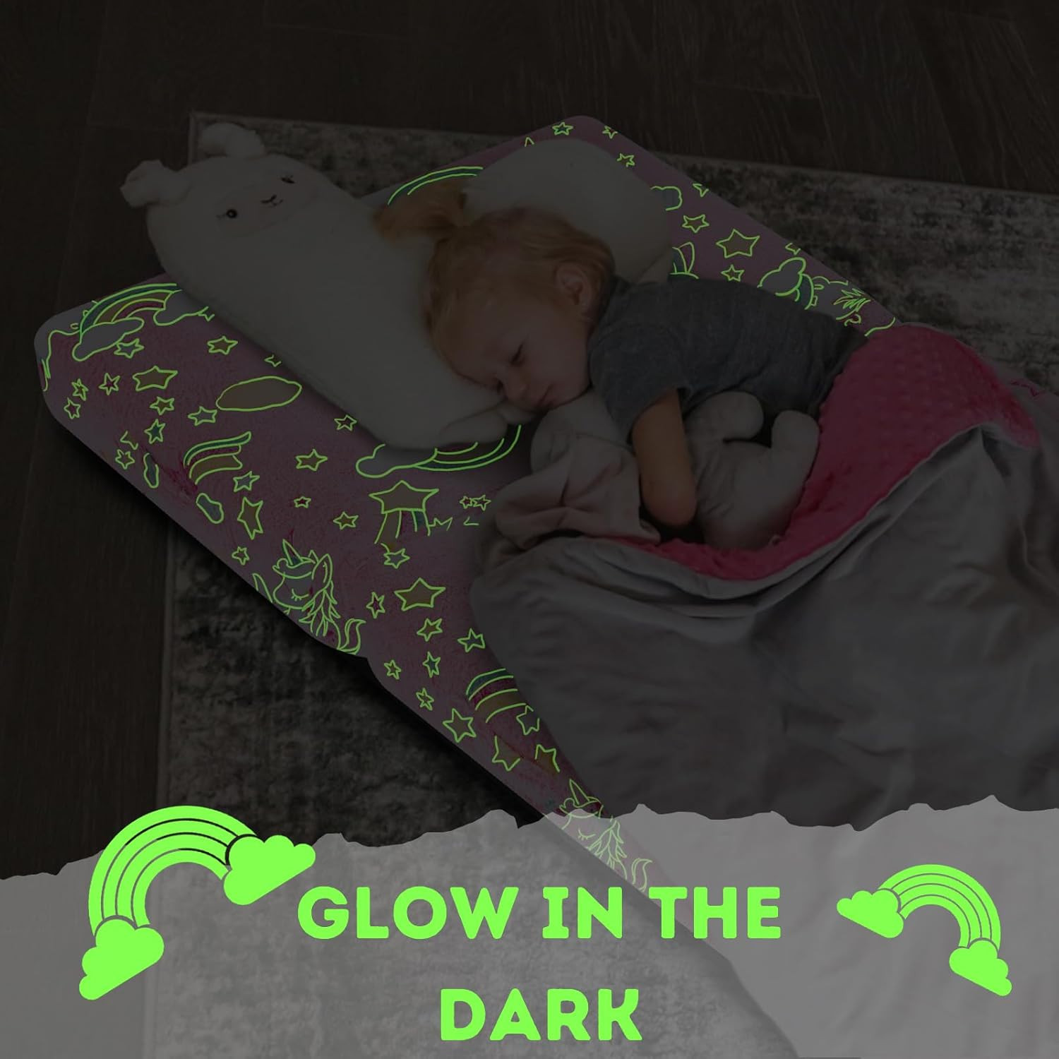 Glow Pink Unicorn Trifold Floor Mattress for Kids – Portable Nap Mat 57×22 Inch