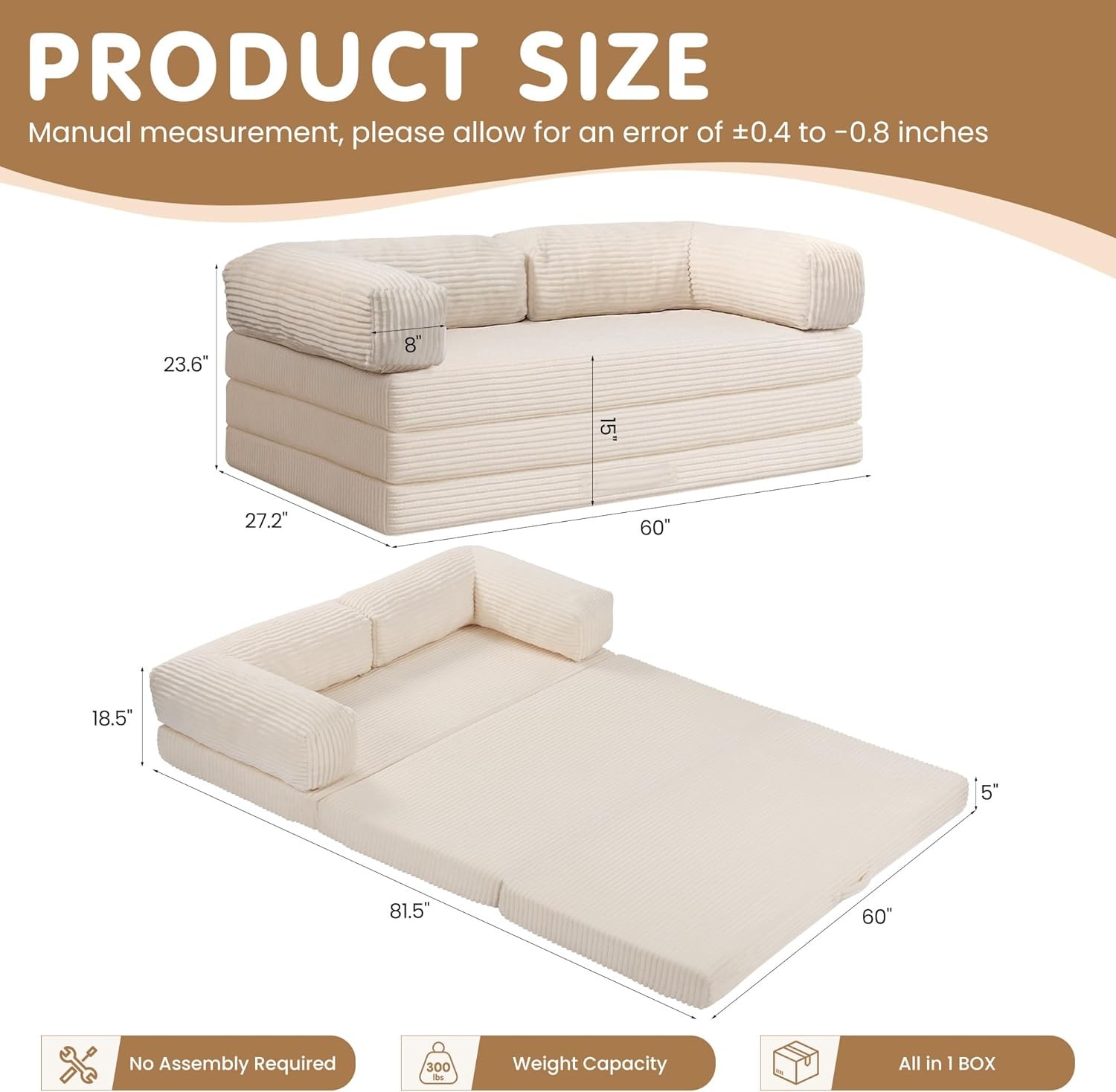 Convertible Sofa Bed Queen,5-in-1 Tri-Fold Bonel Couch with Removable